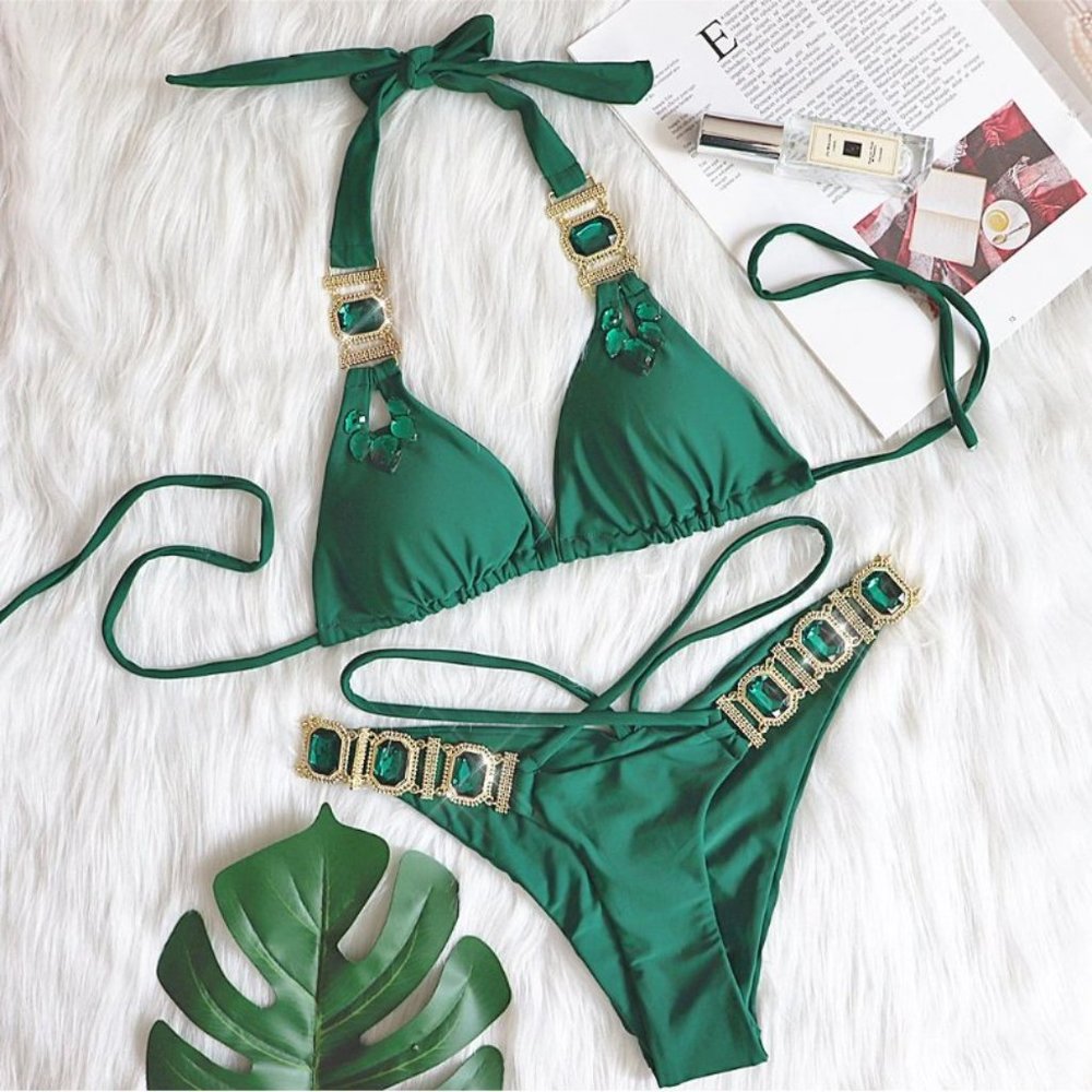 NEW Sparkling Bling Crystal Rhinestone Bikini Swimsuit Beachwear +FREE G… - Picture 5 of 15